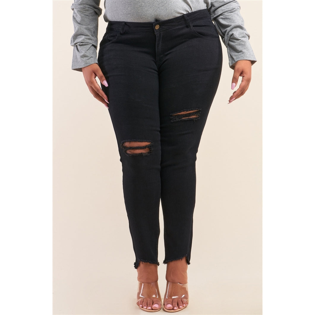 Plus Size Solid Black Low-Mid Rise Tight Fit Ripped Jeans