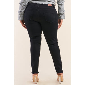 Plus Size Solid Black Low-Mid Rise Tight Fit Ripped Jeans